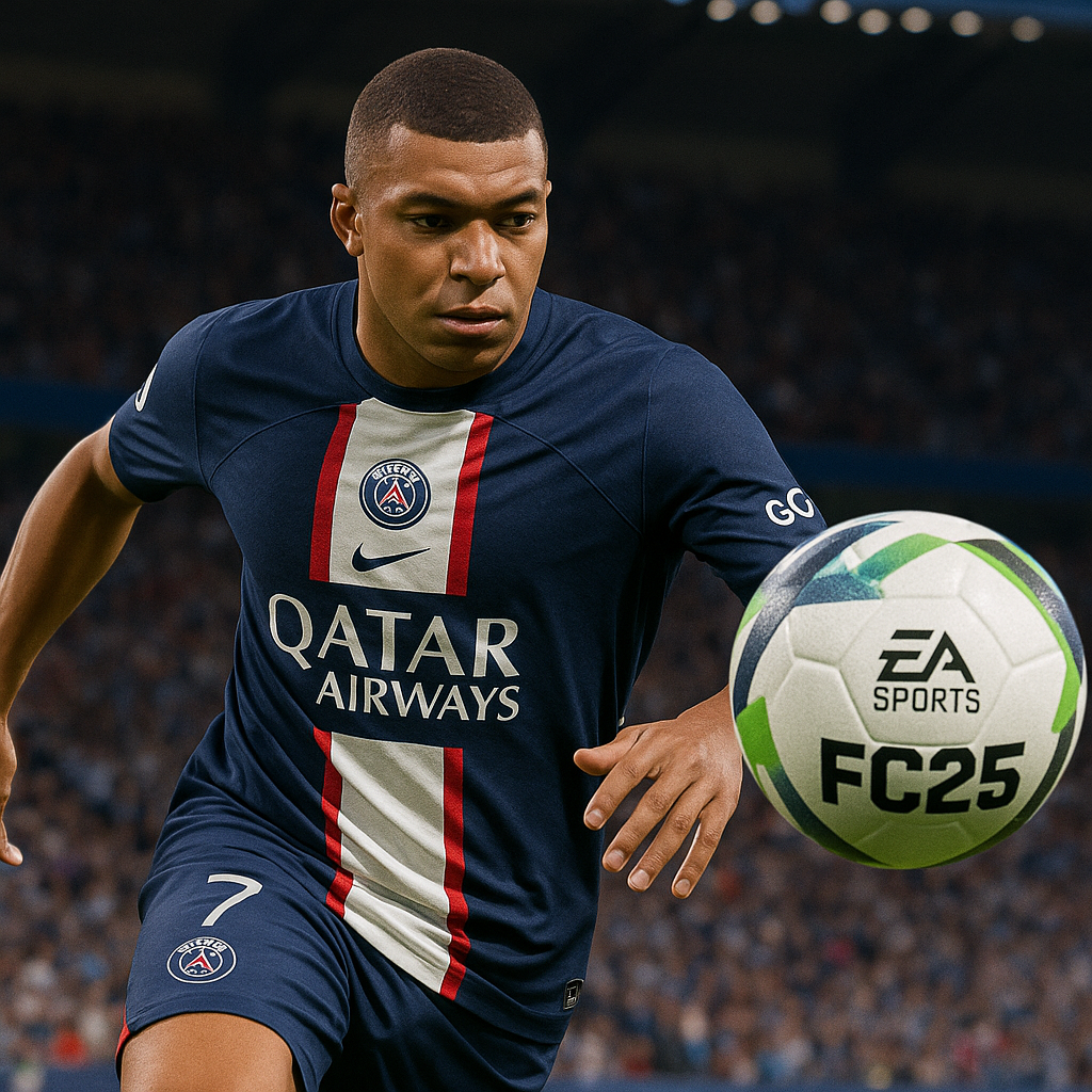 کیلیان امباپه با لباس پاری‌سن‌ژرمن در بازی EA Sports FC 25 در حال کنترل توپ مخصوص این نسخه، مناسب برای معرفی و خرید FC25 برای PS5